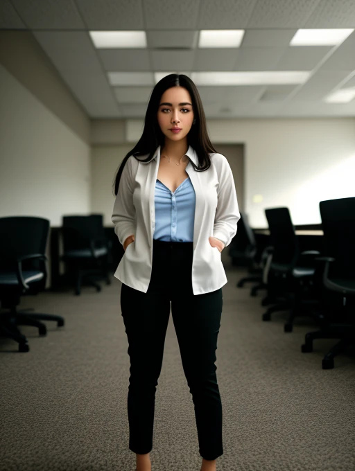 full body shot of business photo of Thefinalgirl,<lora:Thefinalgirl:1>,, pants, black attire, big breasts, collared shirt, tucked shirt. Professional attire, workplace setting, confident. Whole outfit, clear, sharp, balanced<lora:lcm-lora-sd15:1.0>