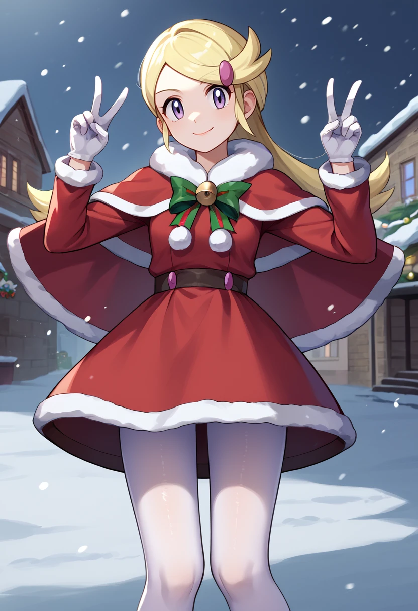 score_9, score_8_up, score_7_up, source_anime, solo, 1girl, pokemonastrid, slight smile, looking at viewer, double v, hairclip, christmas, fur trim, red capelet, fur-trimmed capelet, red dress, fur-trimmed dress, long sleeves, white gloves, white pantyhose, snowing, outdoors <lora:pokemon_acetrainerxy_ponyXL:1>