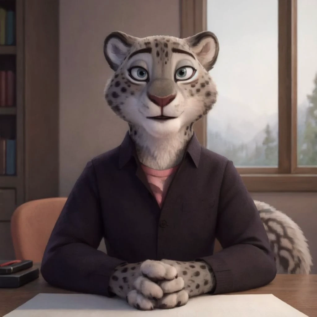 <lora:Fabienne_Growley:0.7>, fabienne growley, snow leopard, anthro,  looking at viewer, hands on desk, upper body, portrait, window, indoors, outside