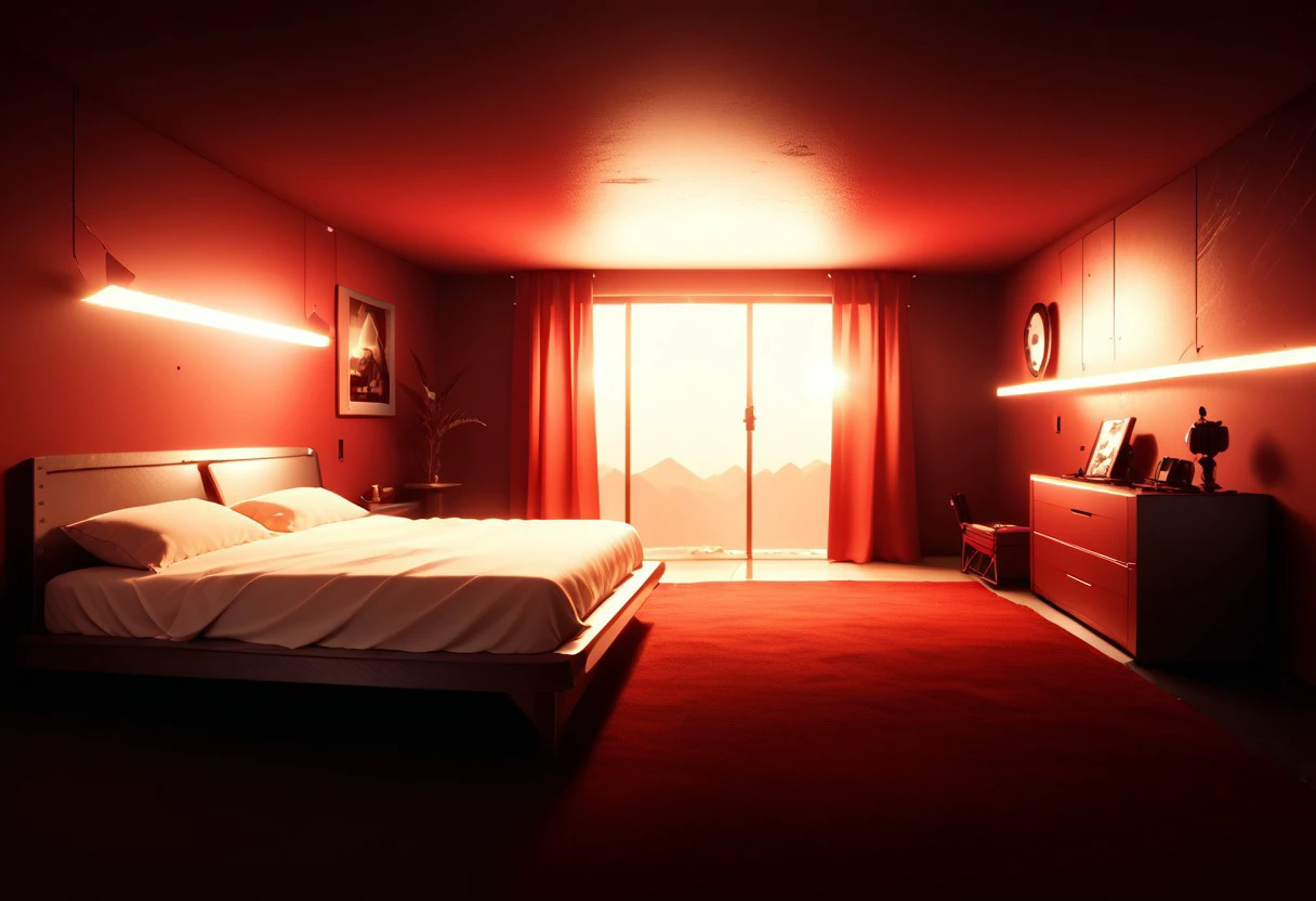 EnD_CyberFutureLandscape Style, indoors, romantic futuristic bedroom, red theme,  specular highlights, side lighting, extreme light and shadow, cinematic lighting, natural lighting, score_9, score_8_up, score_7_up, score_6_up, score_5_up, score_4_up,