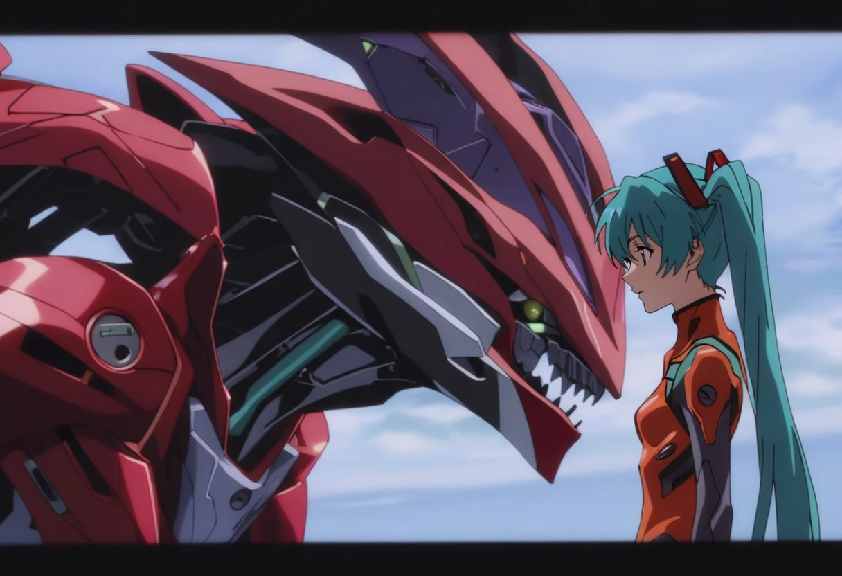 Best quality, aesthetic, detailed, 1girl, solo , young girl, anime screencap, 1980s \(style\), hatsune miku, pretty , from side, full body, evangelion, mecha, plug suit, upper body, unit 1 eva, monster