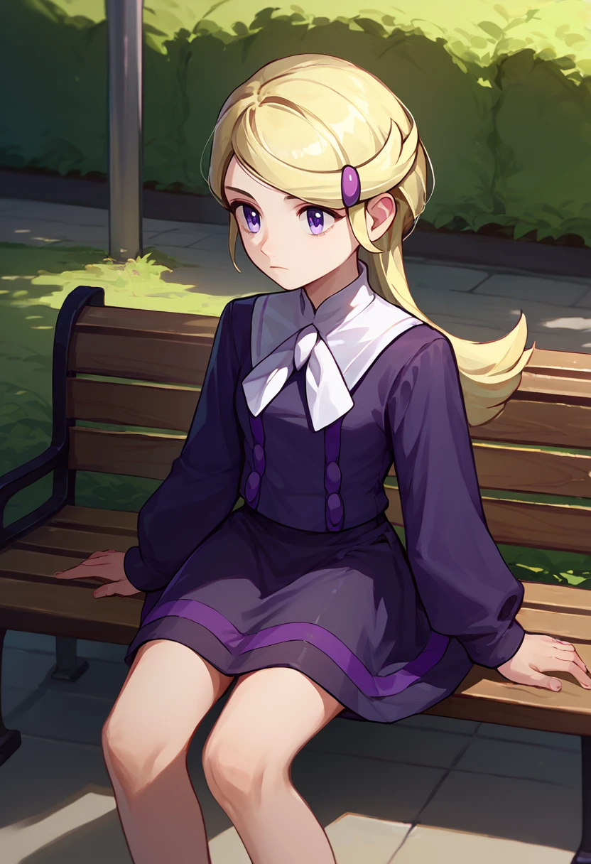 score_9, score_8_up, score_7_up, solo, 1girl, pokemonastrid, expressionless, looking away, sitting, park bench, hairclip, purple shirt, white ascot, long sleeves, purple skirt, outdoors <lora:pokemon_acetrainerxy_ponyXL:1>