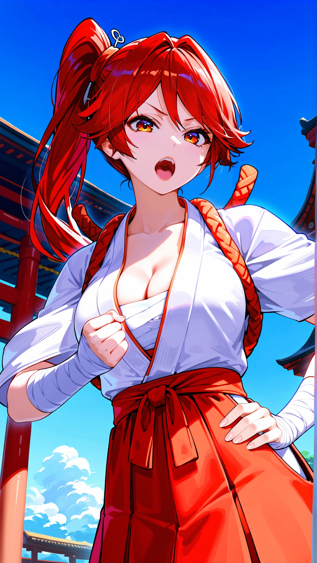 fantasy-style, (zPDXL2), (((close up portrait)), (((dynamic pose))), (((dynamic angle))), sehele style, webtoon, anime, centered, 1girl, 1woman, hatshi, open mouth, cleavage, sarashi, vermilion eyes, vermilion ponytail on the right side, bandages, shrine maiden's outfit, red hakama, hip vent, outdoors, Japan town background, <lora:sd_xl_dpo_lora_v1:1>, <lora:OMG-Is-DucHaiten_v1.0:0.1>, <lora:Seunghee_Lee_Style_PDXL:1>, <lora:ManhwaSDXL:0.8>,  <lora:hatshi_PonyXL_r1:0.8>