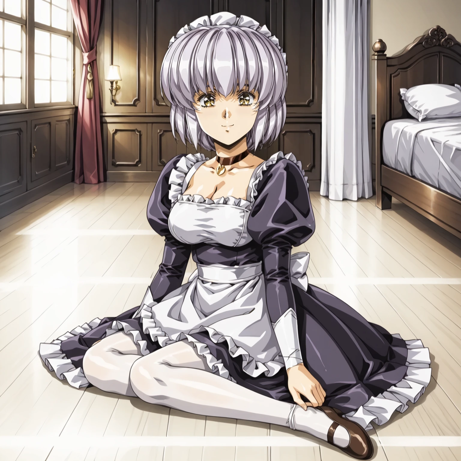 <lora:FI_SophiaXLpony002>,
smile,looking at viewer,
solo,
Sophia,1girl,light purple hair,short hair,sidelocks,yellow eyes,
large breasts,
maid headdress,
choker,
maid,
white_pantyhose,
indoors,
full body,sitting,