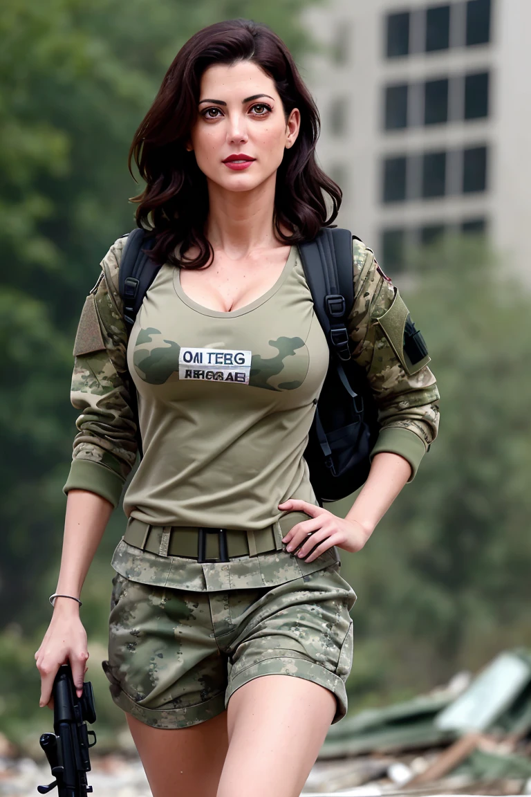 juliabenson-3108,((red lipstick, blush)), ((detailed eyes, detailed face)), , photo of a woman, ,beautiful picture, ((military gear, camouflage gear, backpack, rifle)), ((outdoors, walking)), ((rundown city, rubble))