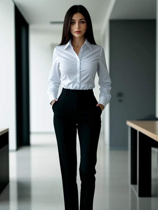 full body shot of business photo of Zeydcarey,<lora:Zeydcarey:1>,, pants, black attire, big breasts, collared shirt, tucked shirt. Professional attire, workplace setting, confident. Whole outfit, clear, sharp, balanced<lora:lcm-lora-sd15:1.0>