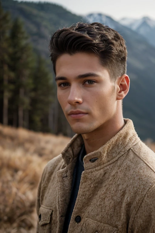 ((best quality)), ((masterpiece)), majestic intricately detailed BREAK,world press photo winner, (award-winning photography:1.3), (modern American man, beautiful face, young man, American skin tone, typical American male features:1.4), (very sharp photo:1.1), (8k, RAW photo, best quality:1.3), (realistic, photo-realistic, feminine, modest clothes:1.1), Craggy mountain range, rocky terrain, dramatic peaks, cold, challenging, inspiring, Portait of a (beautiful typical modern American man outdoors:1.5), analog style (look at viewer:1.2) (skin texture) (film grain:1.3), (warm hue, warm tone:1.2), close up, cinematic light, sidelighting, ultra high res, best shadow, RAW, upper body, wearing pullover