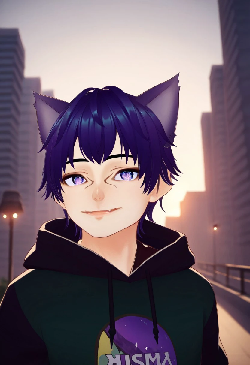 end_vtuber_dusk, 1boy, male focus, solo, animal ears, hoodie, hood, cat ears, purple eyes,  smile,  purple hair, looking at viewer, virtual youtuber, gradient hair, studio photography, detailed eyes, detailed skin, textured skin, specular highlights, side lighting, city view, outdoors, extreme light and shadow, cinematic lighting, cinematic angle, score_9, score_8_up, score_7_up, score_6_up, score_5_up, score_4_up,