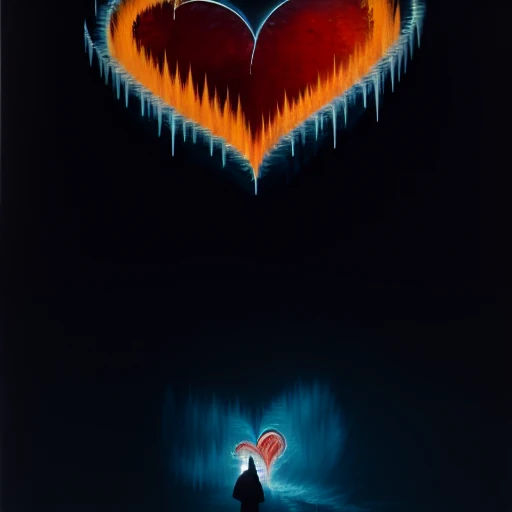 ((cold heart)), moonlit sky, detailed textures, smaller heart shapes, profound, swirling colors, abstract painting, dreamlike quality, large glowing circles, lying down, bright yellow, dynamic brushstrokes, contrast of light and dark, fiery landscape, (((frozen heart))), vivid contrast, silhouette of a man, large glowing heart shape embedded in a cliff, fiery orange and yellow accents, melancholic, dark sky, moody atmosphere, female face in profile, fiery orange and red flames, lone figure, illuminated street lamp