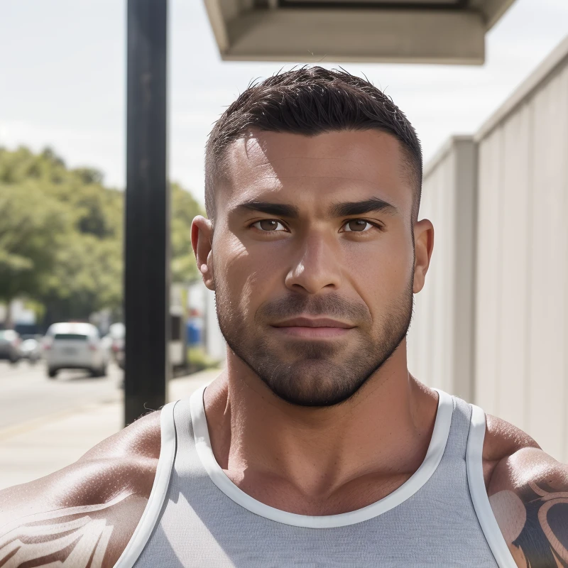 DLSR photo of Jerome_THEVENIN person muscular, manly, tank top, face portrait, daylight, professional photography, high resolution, detailed photo, RAW, still film, f/16, uhd, hdr, 4k   <lora:Mr_Iconic_JC-08:1>