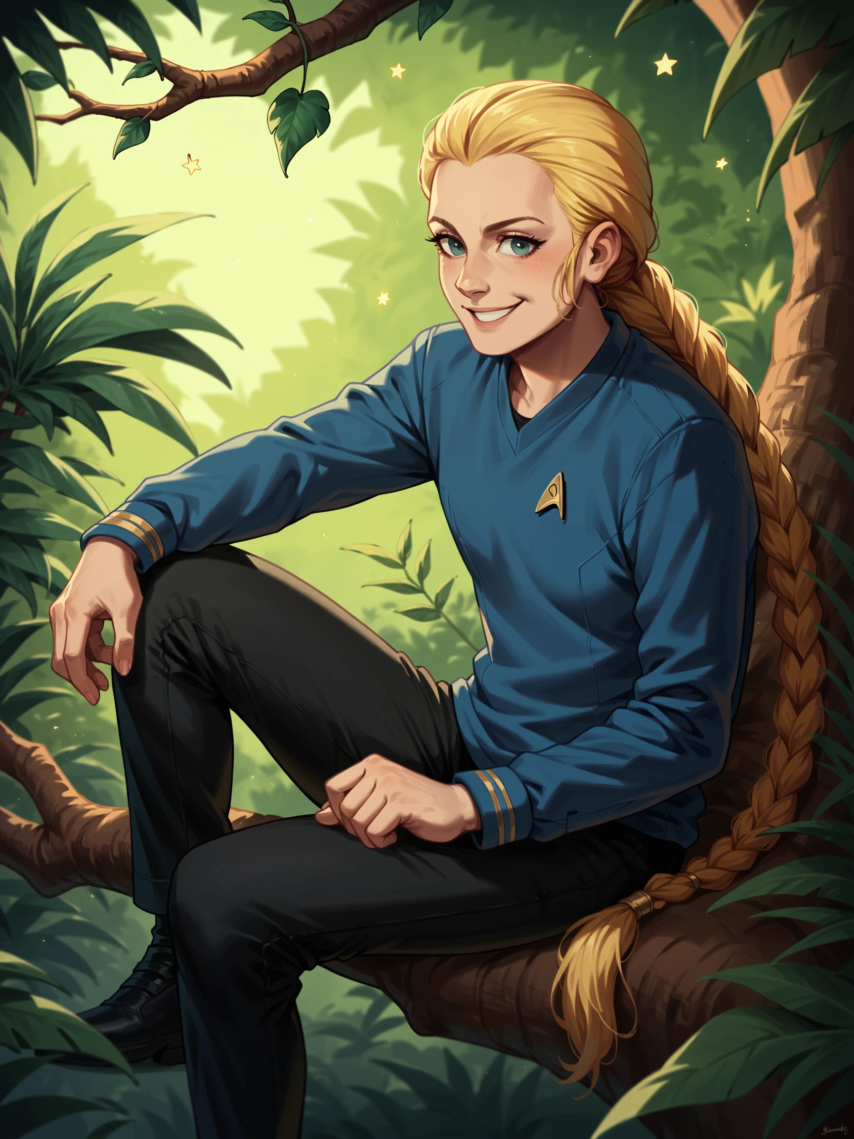 score_9, score_8_up, score_7_up, score_6_up, score_5_up, 1girl in stsnwunf sitting on a tree branch in a jungle,star trek blue uniform,very long braided blond hair,long sleeves,smiling,leaf,pretty young woman,black pants<lora:ponySNW:0.8>