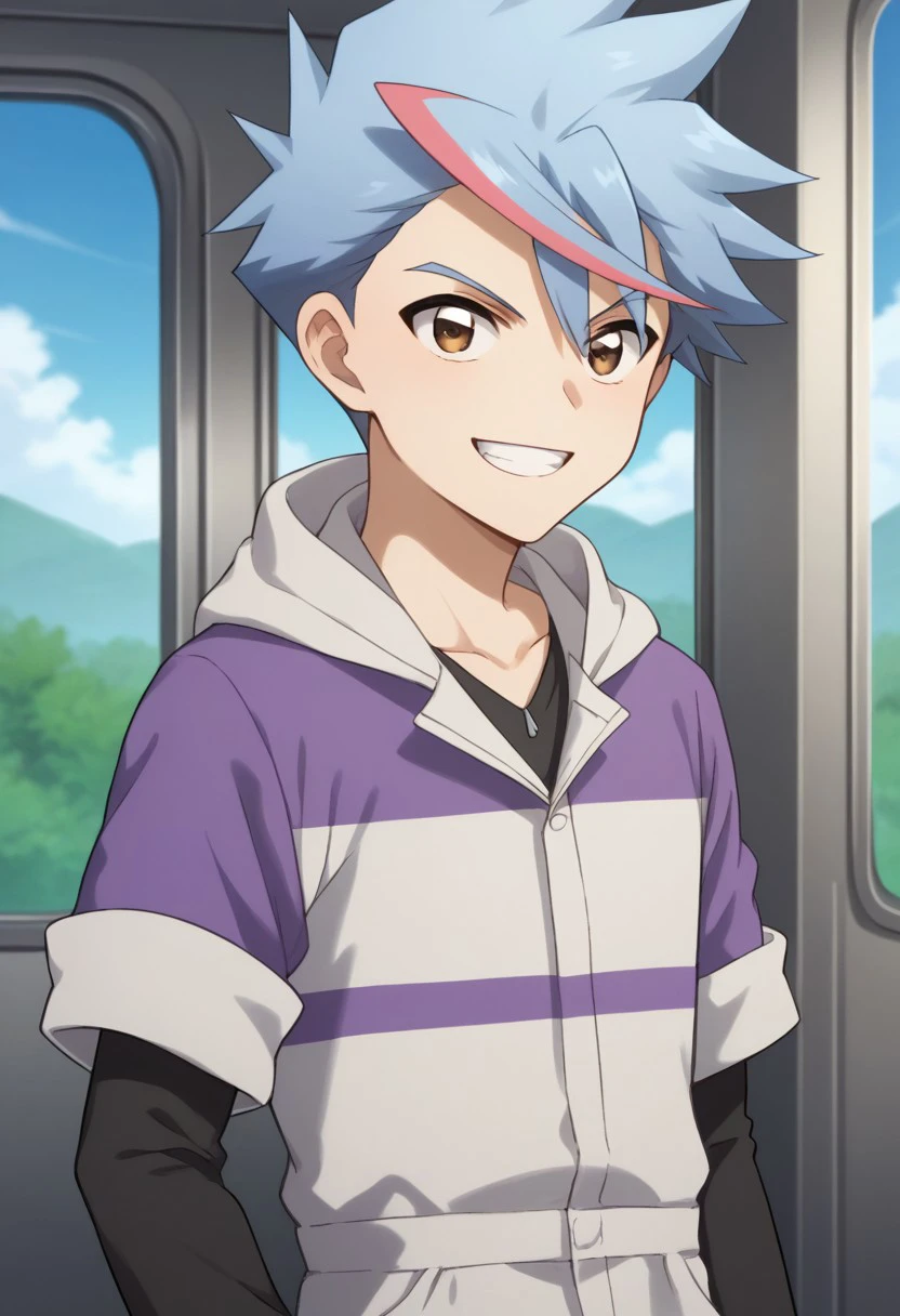 score_9, score_8_up, score_7_up, source_anime, highly detailed, 
abuto, 1boy, male focus, blue hair, solo, multicolored hair, upper body, streaked hair, brown eyes, pink hair, spiked hair, jumpsuit, hood,
hooded jumpsuit, white jumpsuit, violet jumpsuit, rolled up sleeves, black shirt, long sleeves, smile, grin,
outdoor, train, shinkansen, sky blye sky,