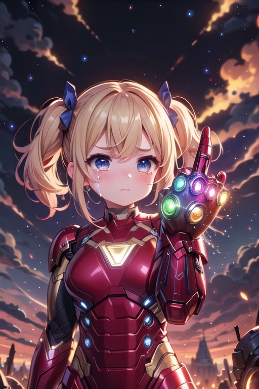 ((upper body)), ((nano gauntlet)), ((Infinity stones)), ((mechanical pointing up)), arm up, raise arm, floating hair, crying, sad, tears, frown, angry, sky, fire, wind, dust, dark, steam, ember, night, cloud, marvel, avengers, endgame, battlefield, crowd, iron girl, big breasts, sexy body, kneeling, blonde twintails, <lora:girlhatenanogauntlet:0.9>