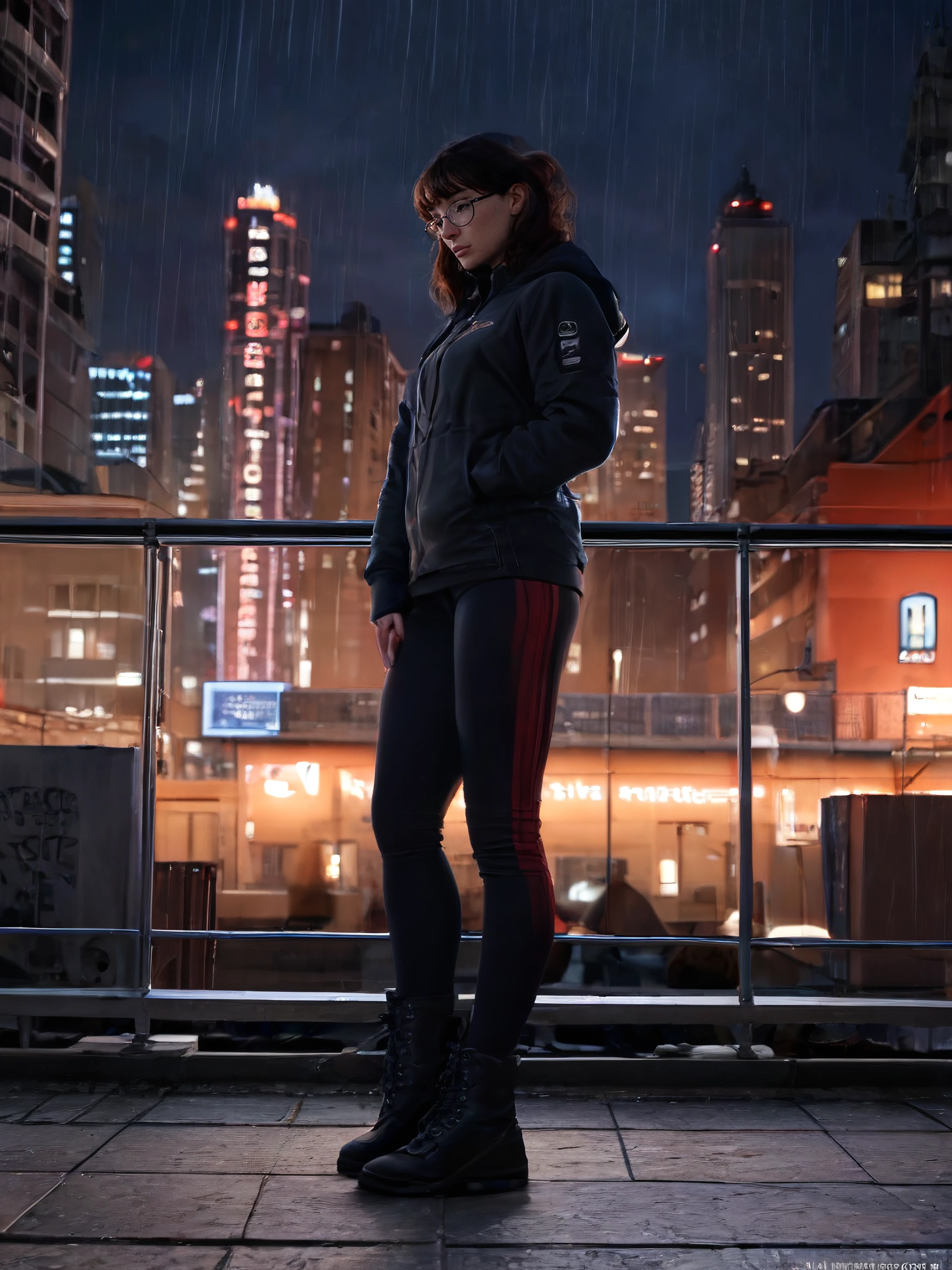 embedding:zPDXL, l34nb33f, 1girl, bangs, glasses, wearing a red and black cybersuit, standing on a rooftop of a city, night, light rain