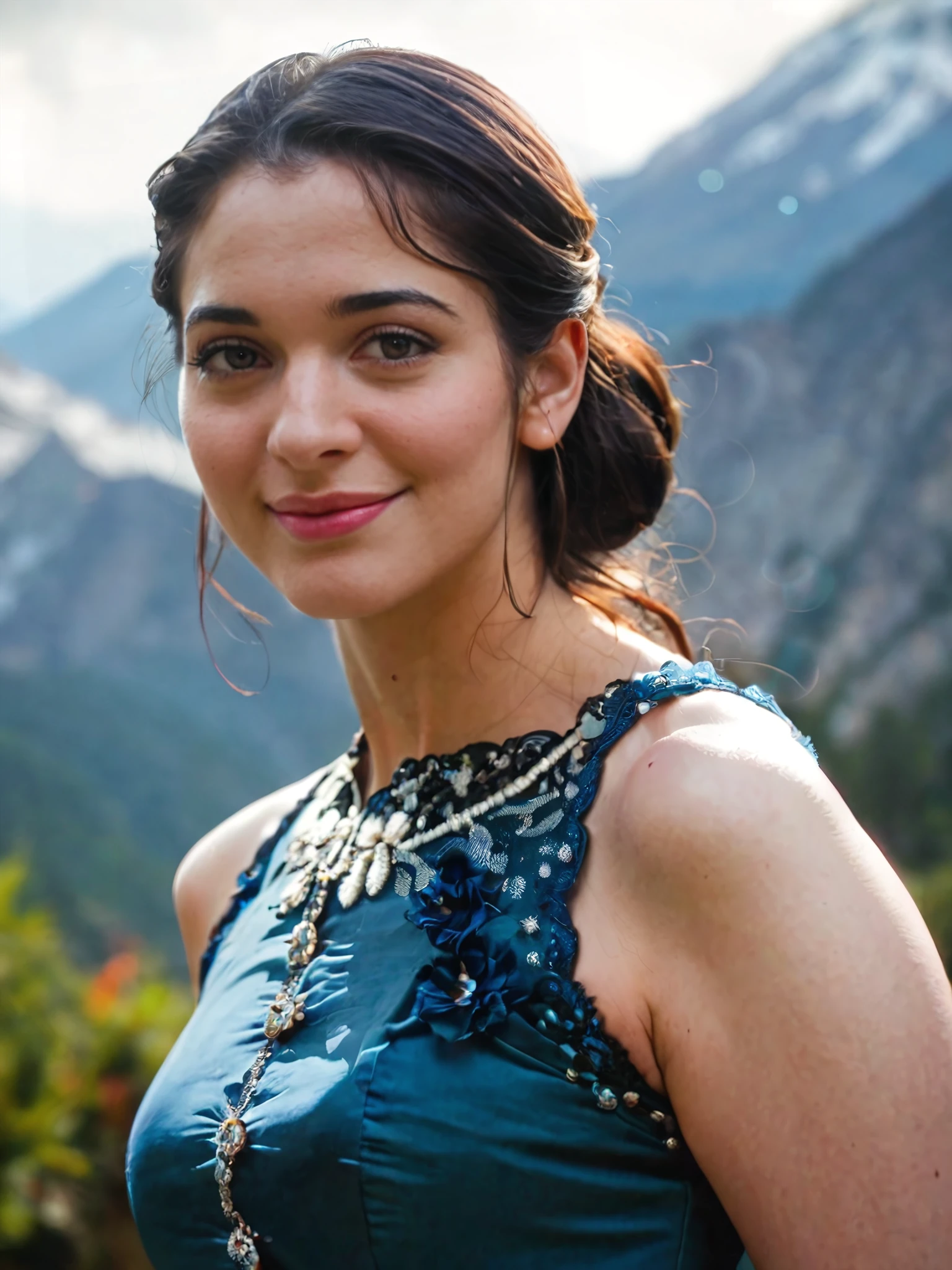 score_9, score_8_up, score_8,30yo woman,portrait photo,tamannah bhatia,solo,  realistic,light smile, Plum western dress, censored, mountain background bokeh  <lora:Tamannah_Bhatia_PonyXL_LoRA_prodigy_local_WD14:0.7>