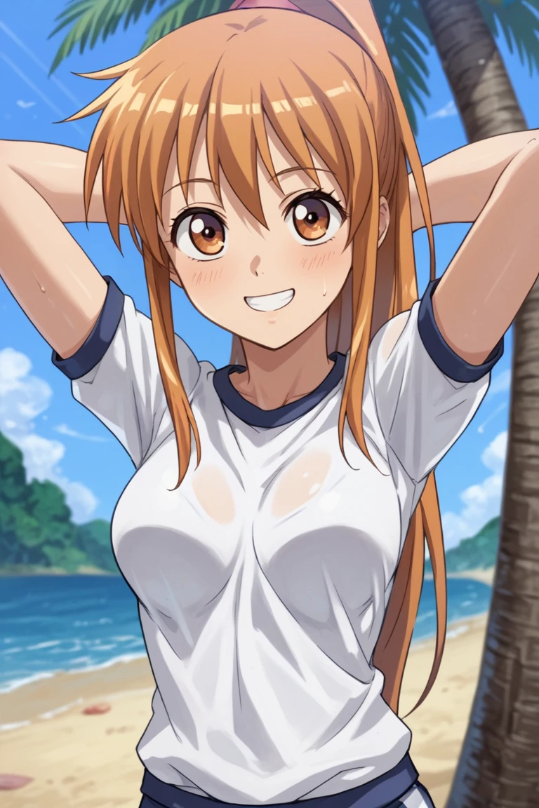 score_9, score_8_up, score_7_up, score_6_up, score_5_up, score_4_up, BREAK source_anime,, 1 girl, solo, , anime coloring, looking at viewer, tree, , , water, , grin, open mouth, gym uniform, beach, , yuri, aosu saori, pony tail, medium breasts, hands behind head<lora:EMS-413796-EMS:0.800000>