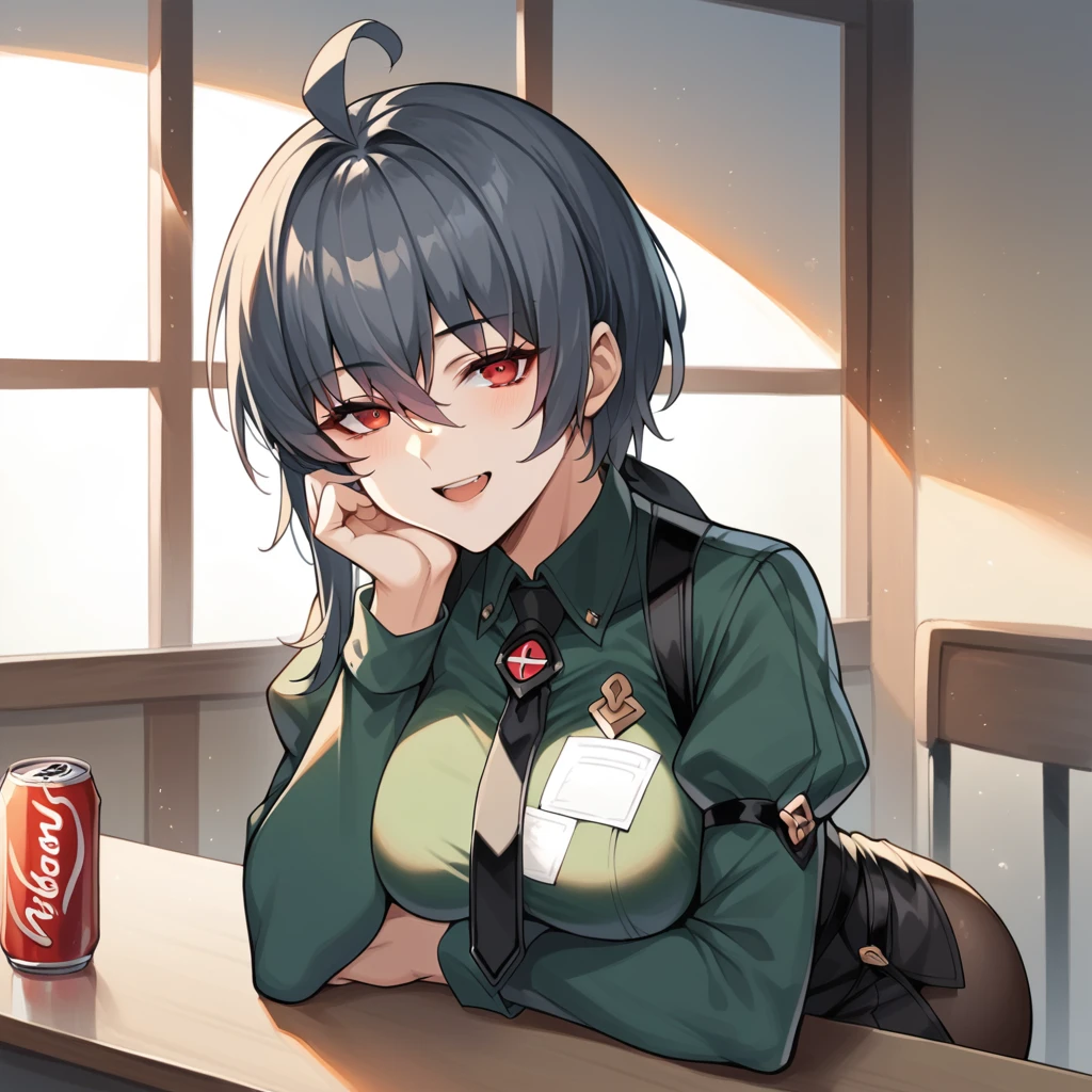 score_9_up, score_8_up, score_7_up, score_6up, source_anime, 1girl, solo, Raven, Raven_Suit, masterpiece, best quality, face focus, tables, sun light, windows, shadow, sitting across table, upper body, smug seductive smile, open mouth, head rest, soda can, looking at you, short hair, black hair, red eyes, hair between eyes, green shirt, black skirt, ponytail, long hair, collared shirt, puffy sleeves, black pantyhose, pantyhose, thigh boots, necktie, black necktie, ahoge, dynamic cowboy shot, mature body, indoors, cafe background,