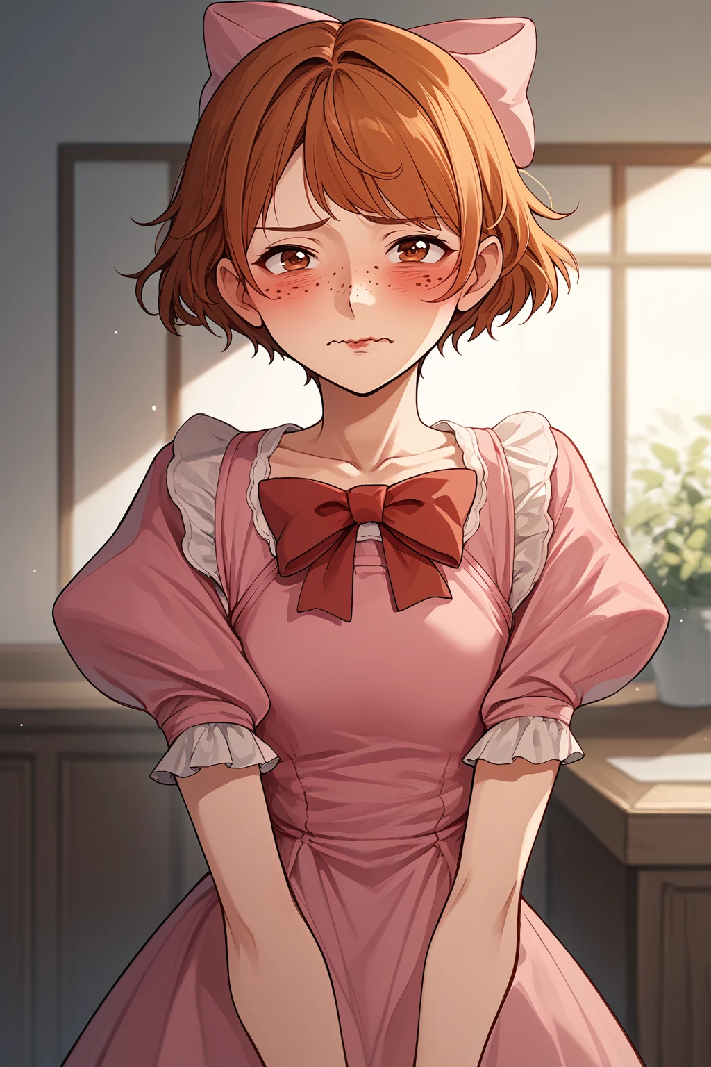 score_9, score_8_up, score_7_up, BREAK 1girl, solo, <lora:NSDorothyFE6:1> NSDorothyFE6, freckles, brown hair, short hair, brown eyes, pink dress, puffy sleeves, hairbow, blush, lipstick, looking at the viewer, curtsey, indoors, hall, wavy mouth