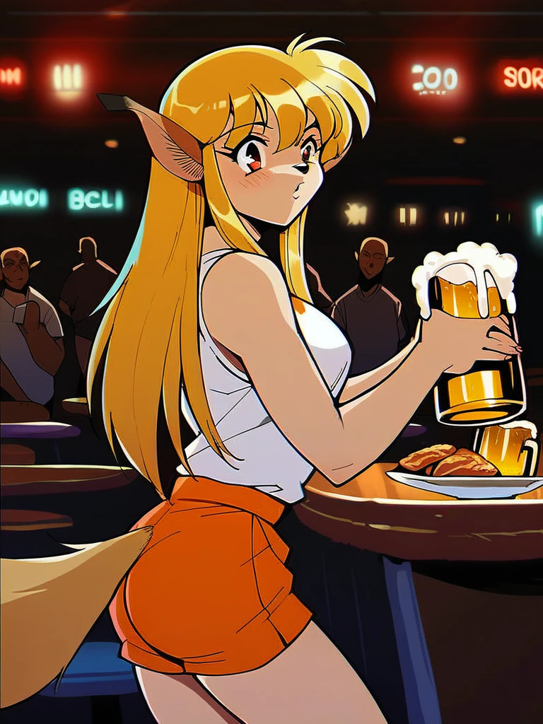 score_9, score_8_up, score_7_up, score_6_up, score_5_up, score_4_up, source_anime, 1girl, solo, KuaruLunaticNight, long blonde hair, animal nose, red eyes, blonde wolf tail, white tanktop, orange shorts, hooters, restaurant, holding tray, beer mug, beer, crowded, crowd, table, chair, detailed face, detailed eyes, detailed background, retro artstyle, 1990s \(style\), <lora:kuaru-v1:1>