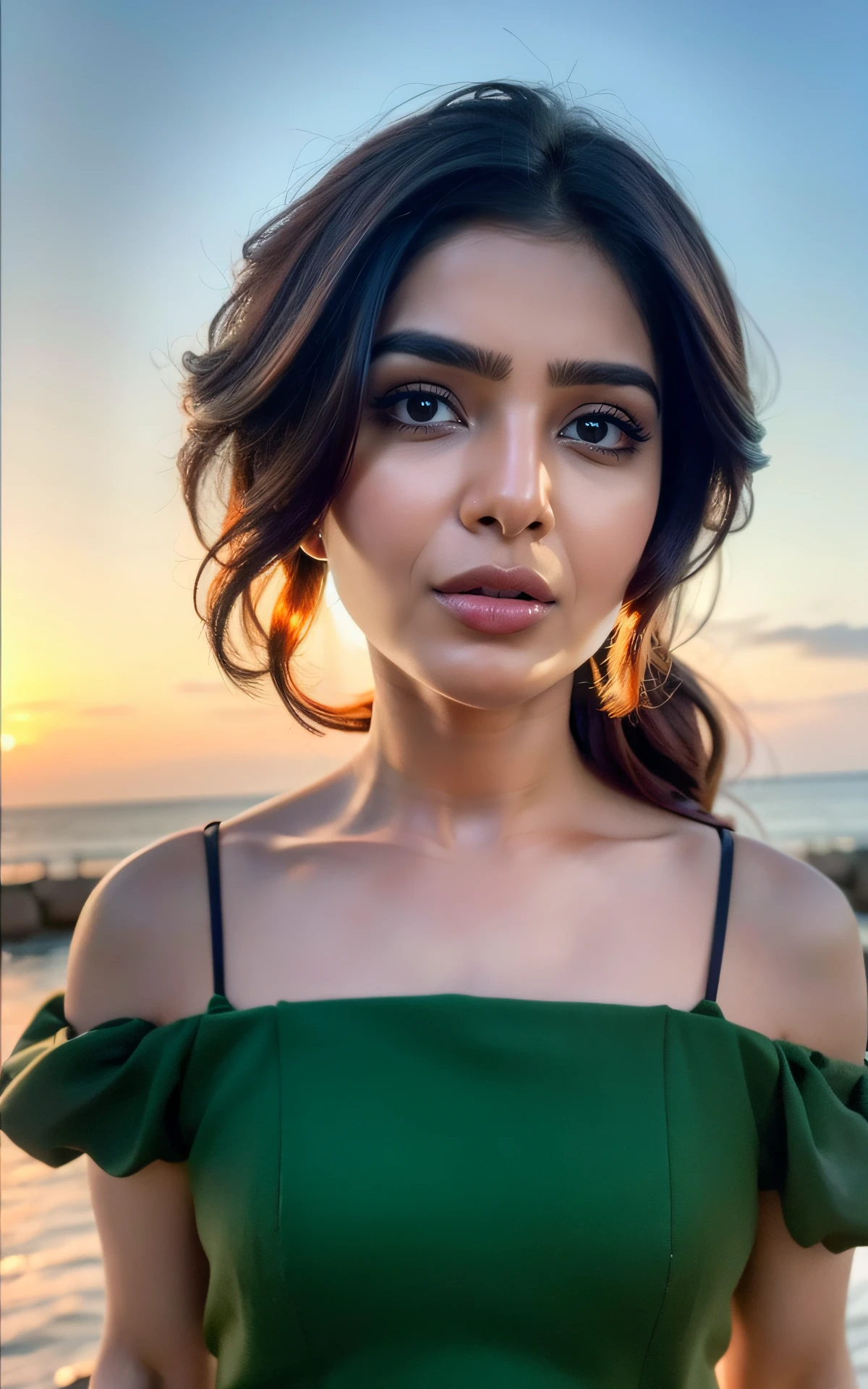 ,, (realistic), (hyperrealism), (photorealistic:1.4), 1girl, looking at the viewer, eye makeup, detailed eyes, detailed face, (upper body:1.2), detailed background, black dress, walking at the streets, sunset, (windy:1.2) <lora:Samantha:1> Samantha