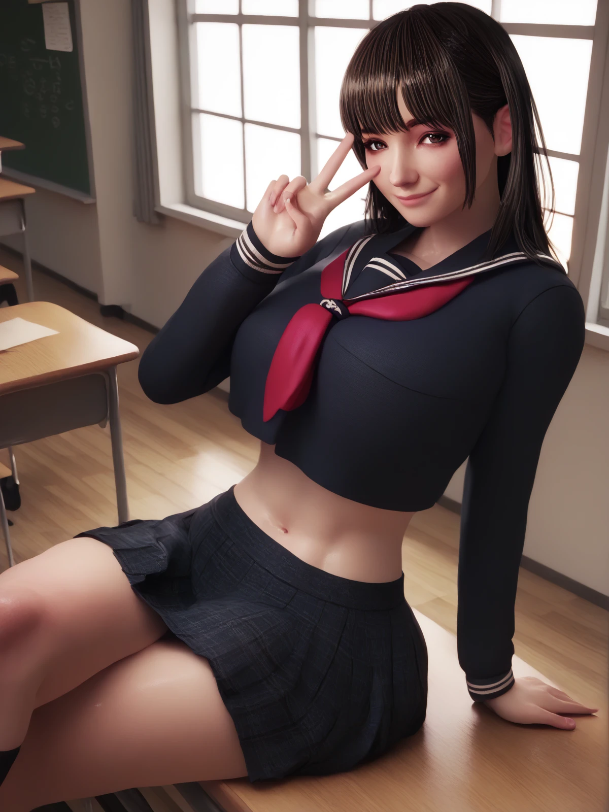 score_9,score_8_up,score_7_up,best quality,classroom,1girl,<lora:Itoha Kamiizumi:1>,black_hair,brown eyes,solo,school uniform,black skirt,black shirt,sitting,legs crossed,smile,midriff,v,<lora:fugtrup-guy-PONYv2:1>,