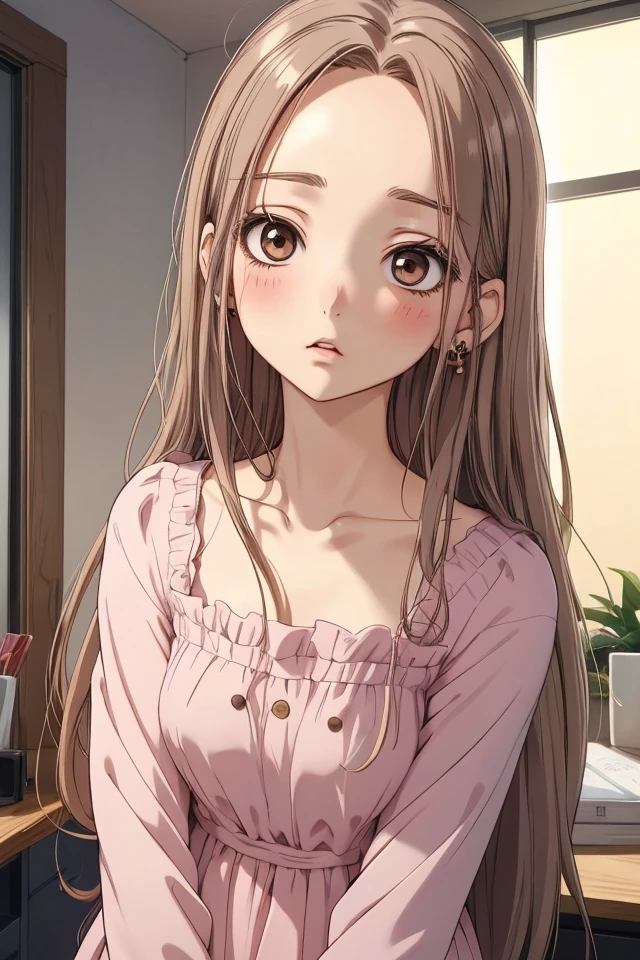 (Miu_Shinoda), 1girl, solo, long hair, straight hair, blush, light brown hair, 1990s, brown eyes, collarbone, earrings, expressionless, eyelashes, white ruffled dress, small breasts,