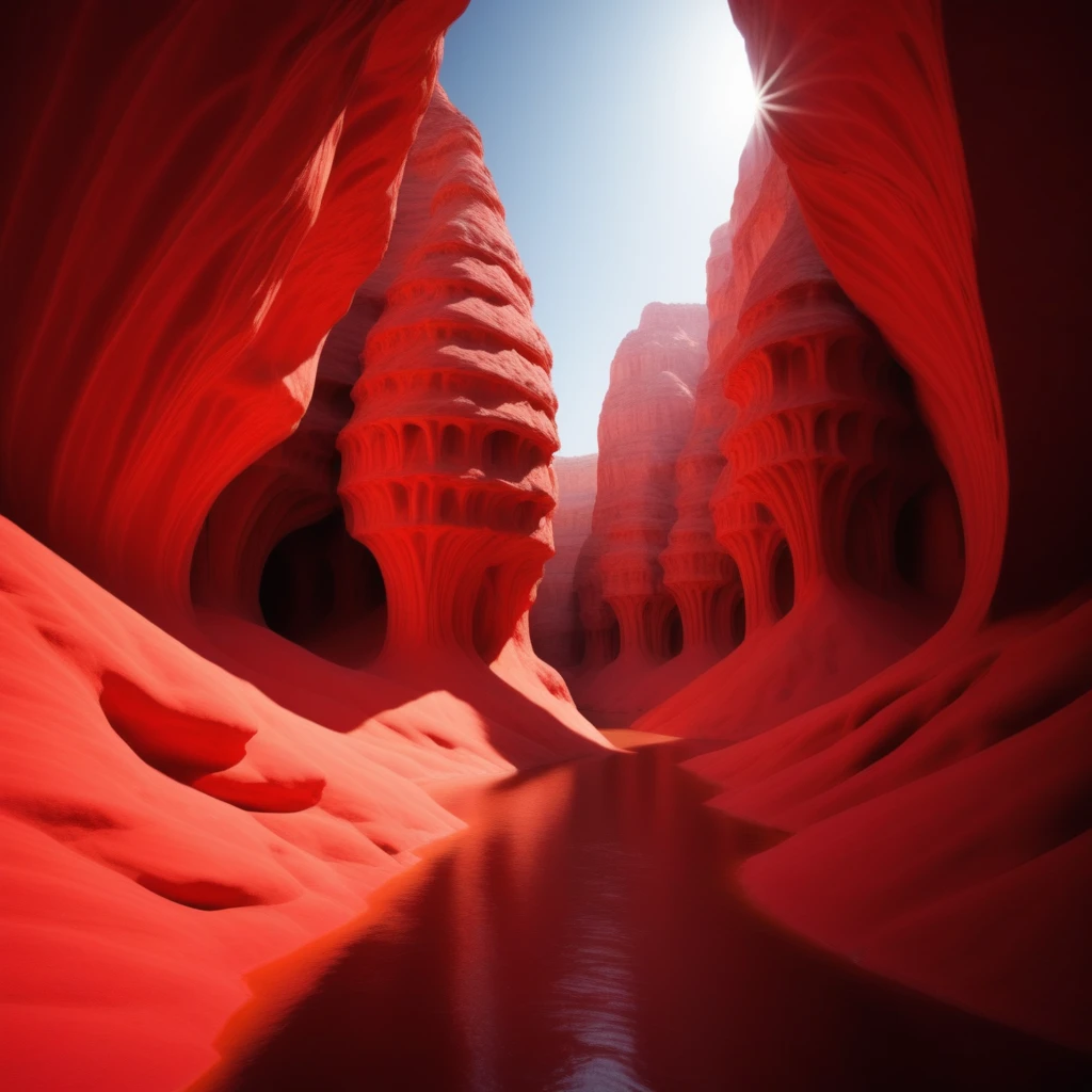 Crimson Canyons: Deep canyons with walls that glow a rich red under the sun. Strange rock formations create natural arches and pillars. A winding river of luminescent water flows at the canyon's base.