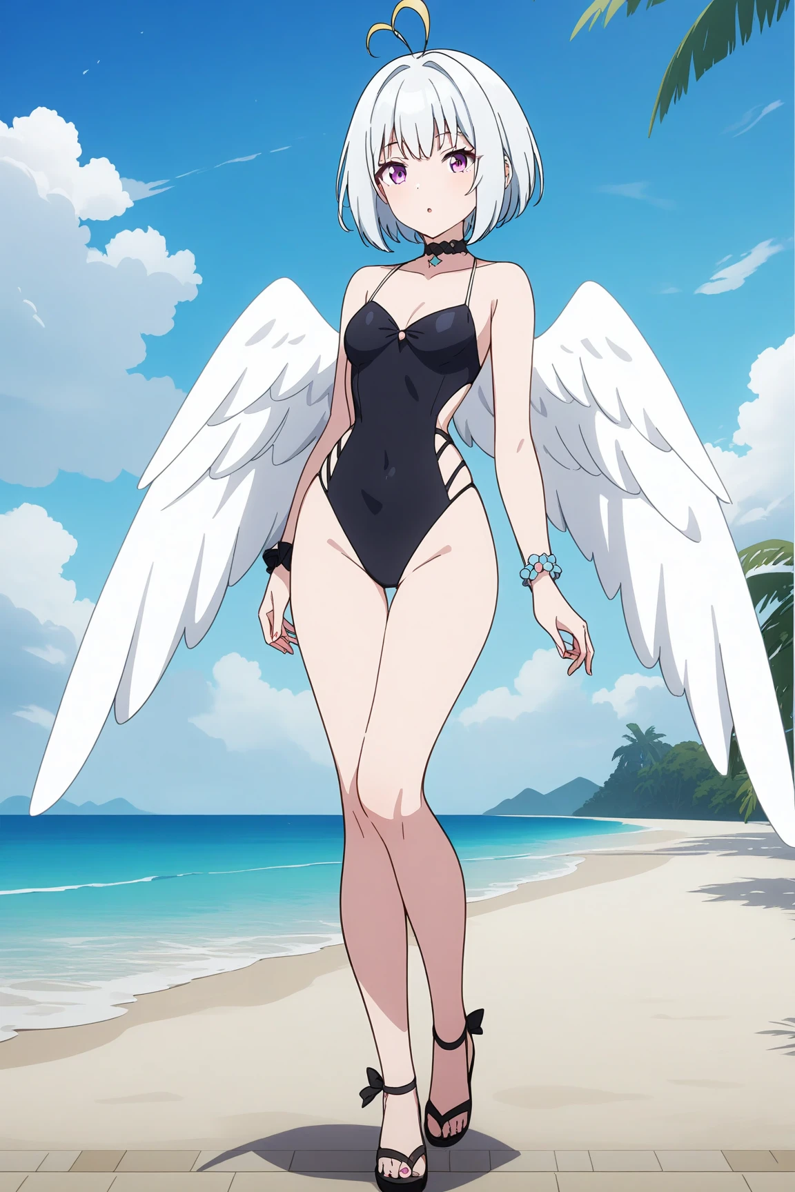 (swimsuit), tny-fitoria, choker, white wings, 1girl, solo, narrow waist, masterpiece, absurdres, high quality, highres, best quality, (full body:1.20), recent <lora:tny-fitoria-V02:0.3>