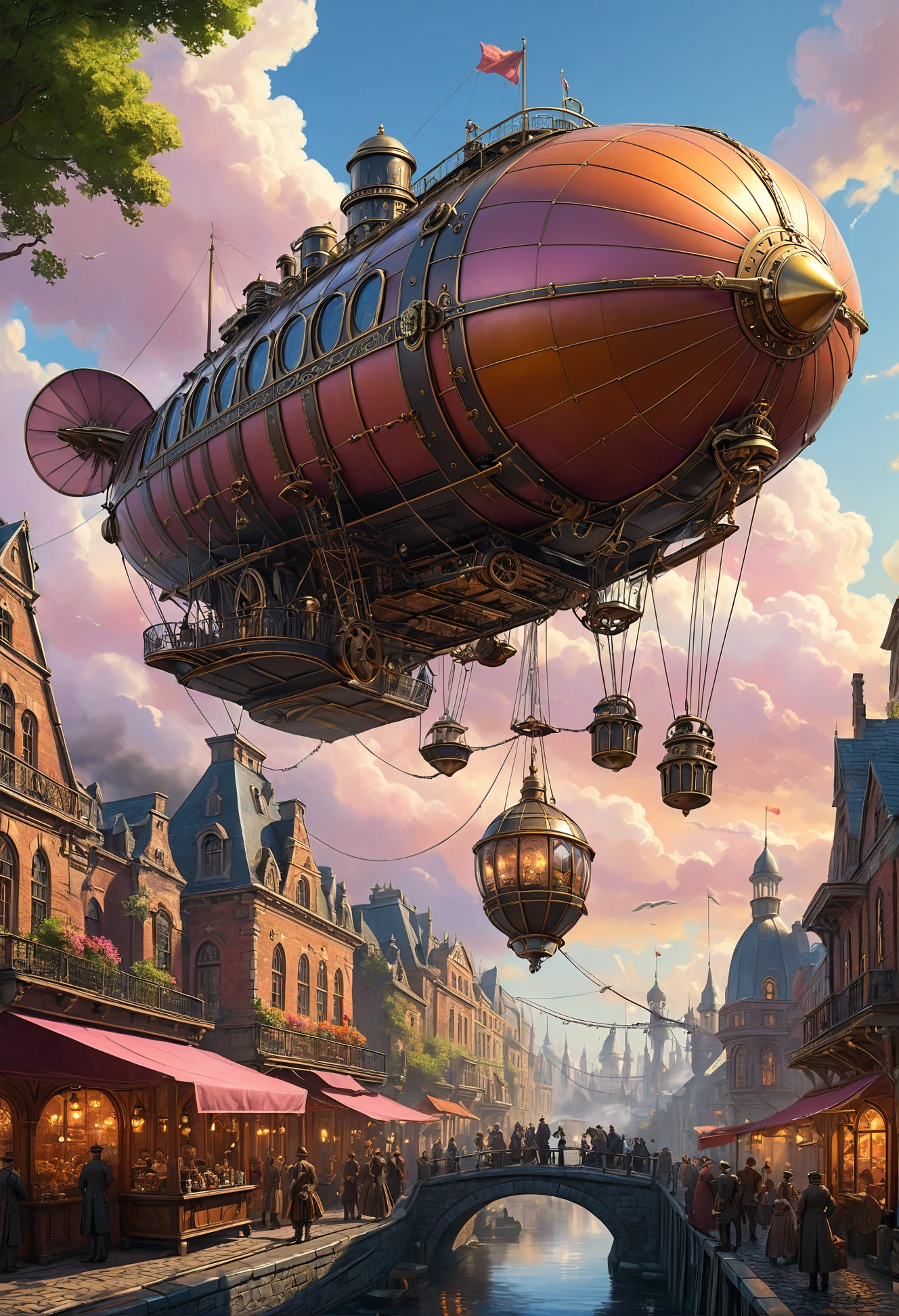 A steampunk adventure scene inspired by the detailed style of Ivan Shishkin, featuring a grand airship navigating through a cloud-filled sky at sunset. The airship, adorned with brass fittings, large propellers, and intricate gears, sails above a Victorian-era city nestled in a lush, rolling landscape. The city below features smoothly crafted, ornate buildings with clear, detailed architecture. Cobblestone streets and bustling markets, all powered by steam and mechanical inventions, add to the vibrant scene. People in Victorian attire with steampunk accessories, such as goggles and gear-laden clothing, interact with mechanical contraptions. The sky is painted with hues of orange and pink, adding a sense of adventure and wonder to the scene. Captivates with sharp focus, intricate details, minimalist art, simple, clean, high resolution detail, studio photo quality, OverallDetailXL, Fixl-art, <lora:Art-full_v1:0.3>