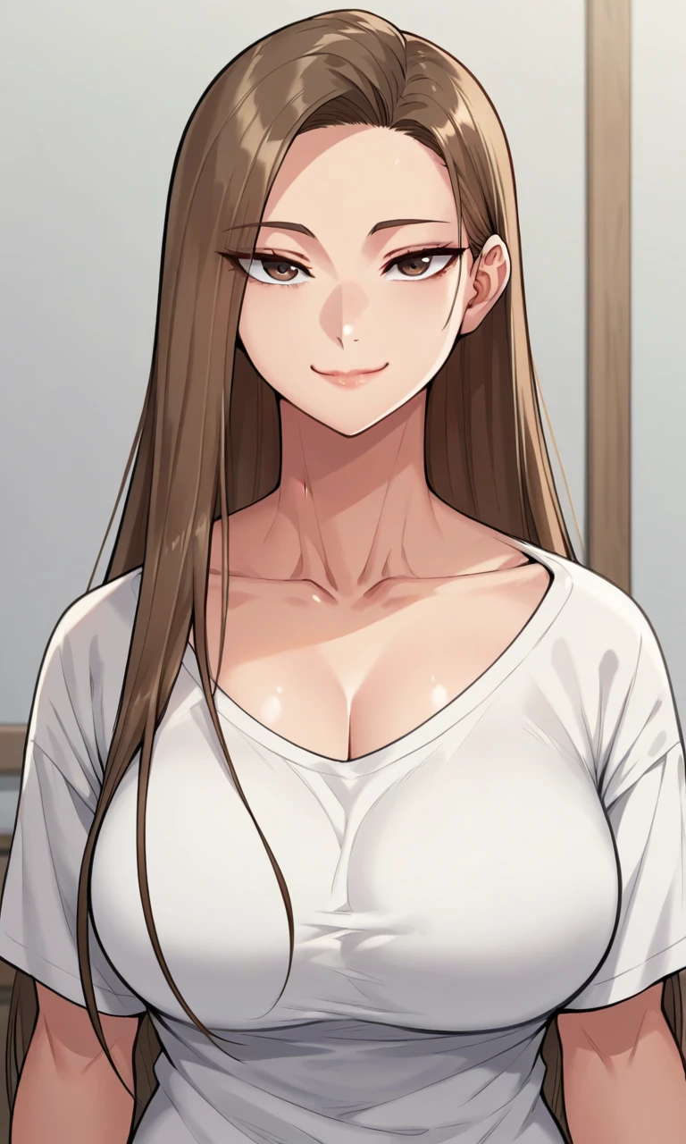 score_9, score_8_up, score_7_up, brown hair, brown eyes, long hair, standing, facing forward, large breasts, shirt, white shirt, collarbone, seductive smile, closed mouth, looking at viewer