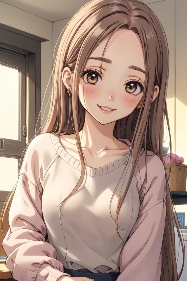 (Miu_Shinoda), 1girl, solo, long hair, straight hair, blush, light brown hair, 1990s, brown eyes, collarbone, earrings, eyelashes, small breasts, white dress, grey sweater coat, smile,