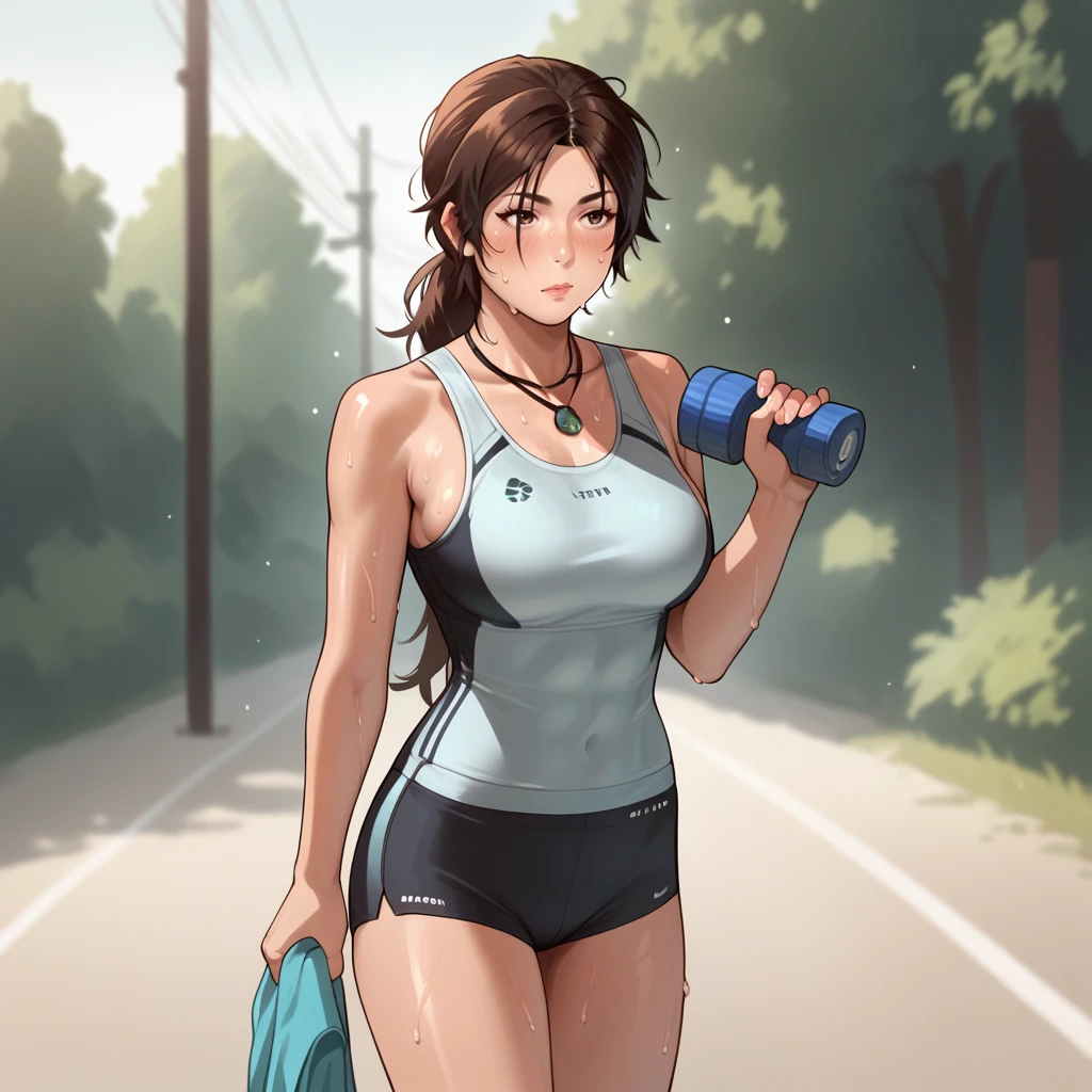 score_9,score_8_up,score_7_up,score_6_up,source_anime,rating_safe,  Solo,day time, exercise clothes, wiping sweat, standing, outdoors, <lora:Disheveled:0.8> d1sheveled, messy hair,  exhausted, Lara Croft, zPDXL2,