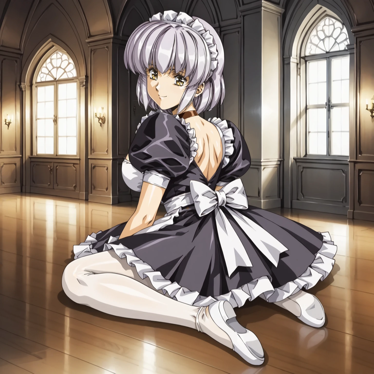 <lora:FI_SophiaXLpony002>,
smile,looking at viewer,
solo,
Sophia,1girl,light purple hair,short hair,sidelocks,yellow eyes,
large breasts,
maid headdress,
choker,
maid,
white_pantyhose,
indoors,
full body,sitting,looking back,