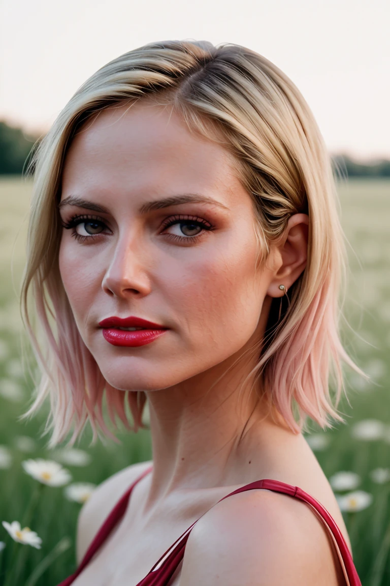 heidiklum, ((red lipstick, blush)), ((detailed skin, detailed face):1.2), ((detailed eyes, beautiful eyes):1.2), ,photo of a woman, RAW, close portrait photo, ((beautiful floral print sundress)),((short hair, pixie cut)), ((outdoors, gorgeous meadow, walking)), 8k uhd, dslr, soft lighting, high quality, film grain, Fujifilm XT3 sharp focus, f 5.6,((red lipstick, blush)) , slight smile,