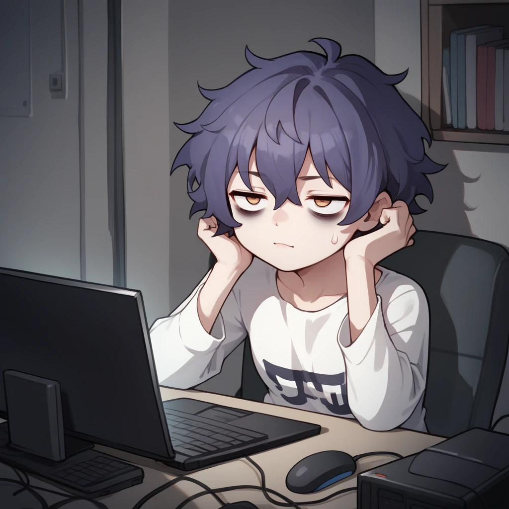 score_9,score_8_up,score_7_up,score_6_up,source_anime,rating_safe,  Solo,night time, computer screen, <lora:Disheveled:0.8> , messy hair,  bags under eyes, exhausted, hacker,, zPDXL2,