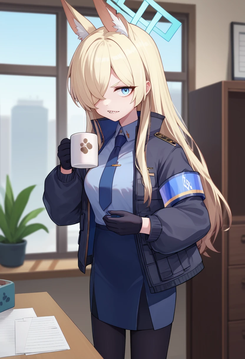 score_9, score_8_up, score_7_up, source_anime, solo, 1girl, kannadef, sharp teeth, looking at viewer, standing, holding coffee mug, hair over one eye, animal ears, extra ears, blue halo, black jacket, open jacket, long sleeves, armband, blue shirt, collared shirt, blue necktie, tie clip, black gloves, blue skirt, pencil skirt, black pantyhose, indoors, office, window <lora:ba_ogatakanna_ponyXL:1>