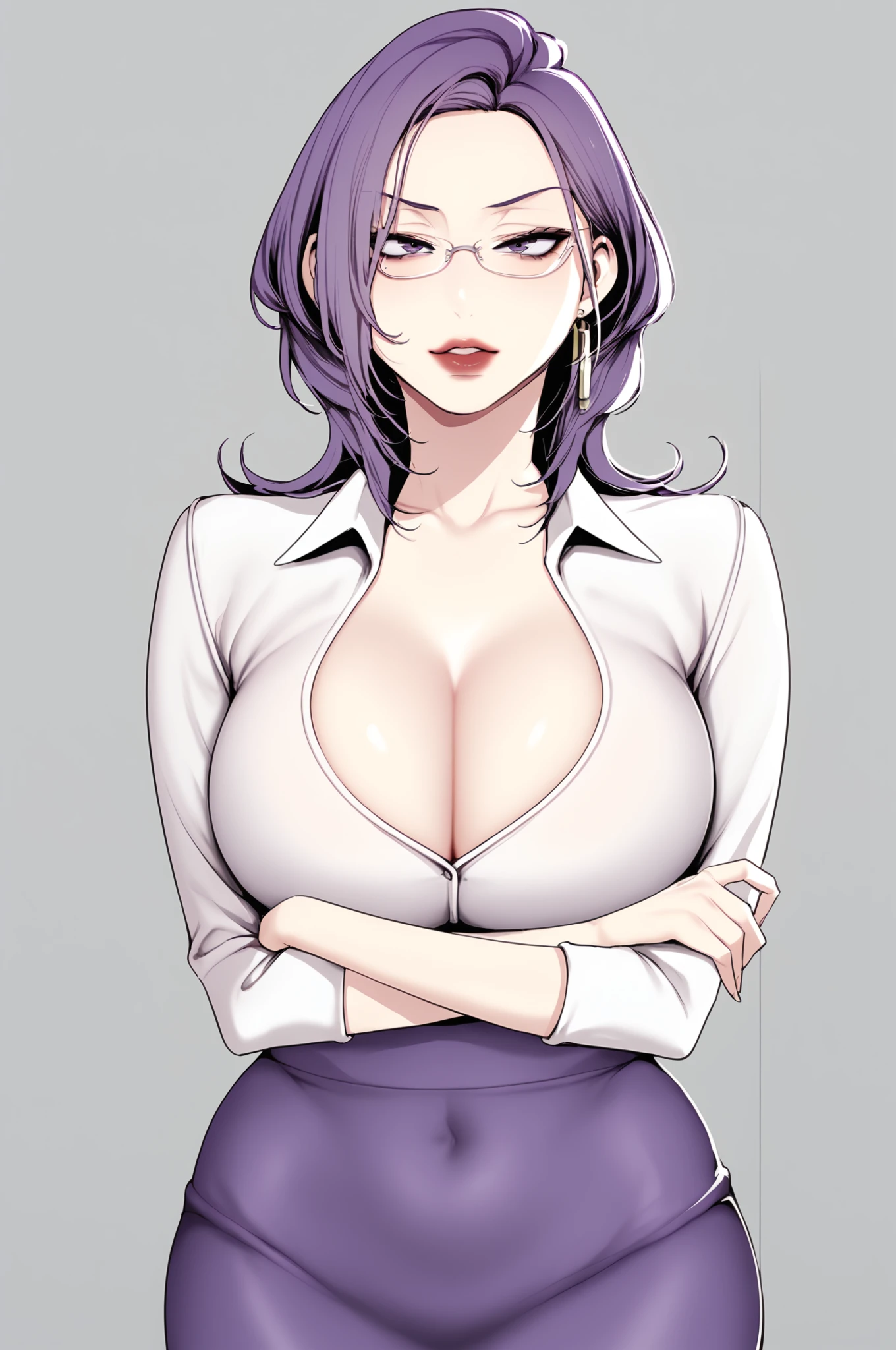 <lora:XL_MiJung_BNW:1> mijungdef, purple hair, purple eyes, medium hair, 
simple background, grey background,
looking at viewer, jewelry, large breasts, skirt, cleavage, earrings, shirt, glasses, lips, makeup, lipstick, white shirt, nail polish, collared shirt, crossed arms, covered navel, mature female, sleeves rolled up, office lady, purple skirt,, score_9,score_8_up,score_7_up, source_anime,  detailed face