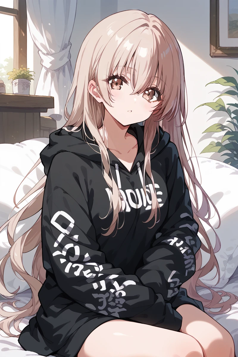 score_9, score_8_up, score_7_up, score_6_up, 1girl,
<lora:Shinomiya_KokoaV2:0.9> kokoa, long hair, solo, hood, hoodie, pillow, looking at viewer, sitting, bangs, brown eyes, hood down, hair between eyes, long sleeves, black hoodie