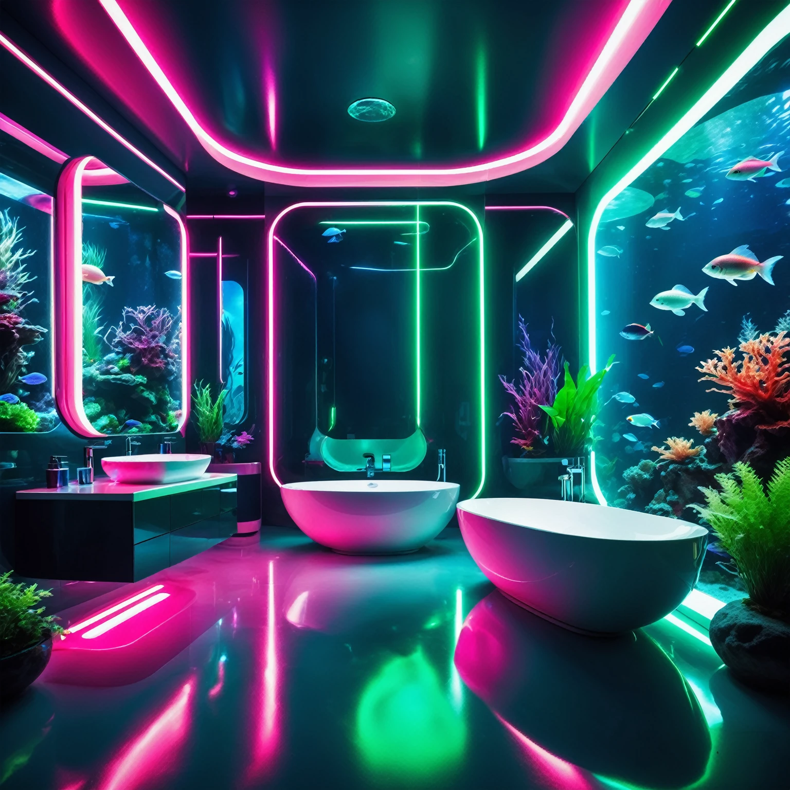 a futuristic bathroom surrounded by an aquarium , beautiful detailed, rich deep colors, beautiful, highly detailed, Jed-NeonInt, neon,   <lora:FuturisticNeonInterior:0.5>