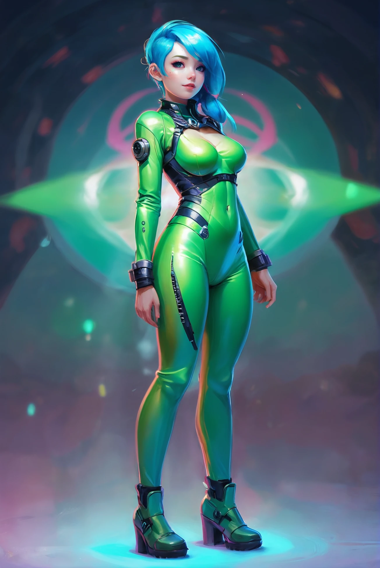 <lora:EnvyRefractionXL01:1>cheerful elfpunk, 1girl, woman, scifi, nanopunk,retro-futuristic, starfighter pilot, full body, wearing skin-tight sparkling color:lightgreen futuristic casual clothes, bombshell hair, multicolor and azure hair, braid, chubby, narrow waist, medium breasts, chinese, Ethereal,indescribable scifi arcology beyond the end of the universe, lens flare