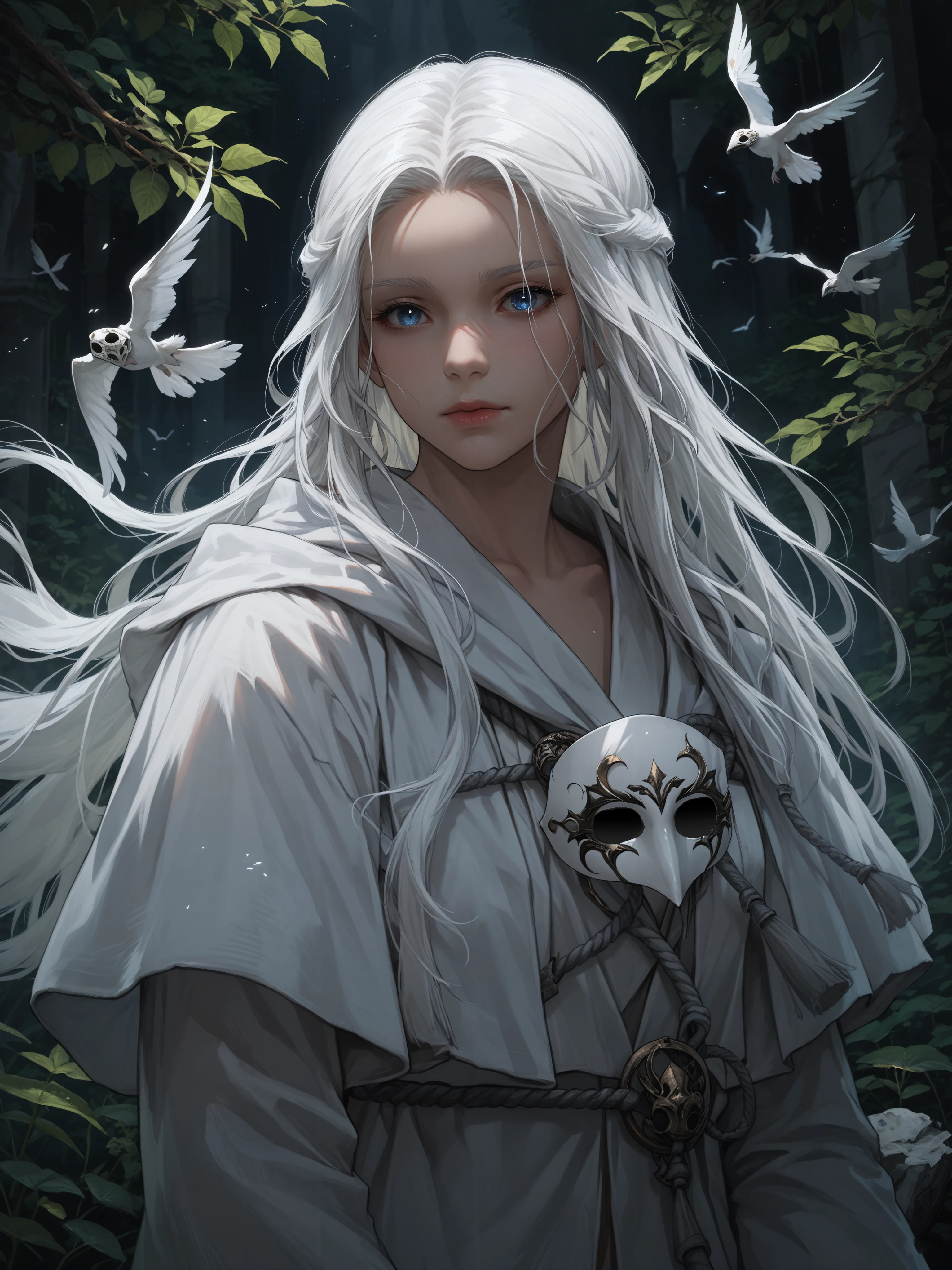 <lora:Venat_FF14:0.8>1girl, long hair, white hair, blue eyes, white robe, mask removed