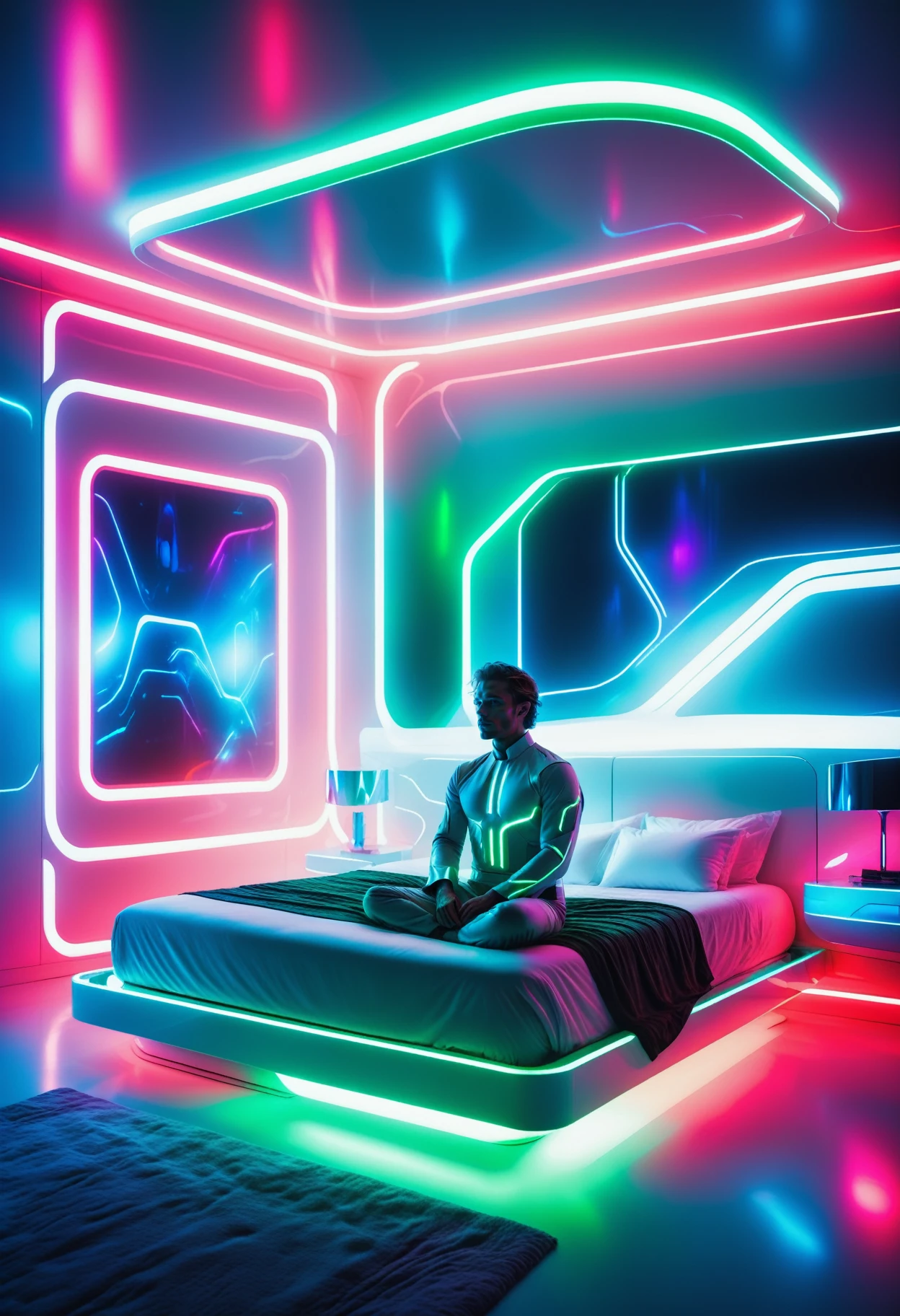 a close up of a man in a futuristic bedroom sitting on a bed , Jed-NeonInt ,   <lora:FuturisticNeonInterior:0.7>