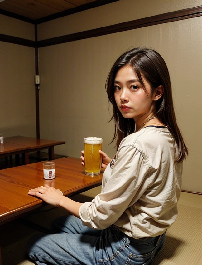 <lora:add_detail:0.4> (realistic, photo-realistic:1.3),<lora:Ozashiki-v1:0.6> ozasiki, tatami, (girl sitting behind table:1.2), (beer mug, food plate:1.3), 
1girl, 27yo asian female,
white shirt, jeans,