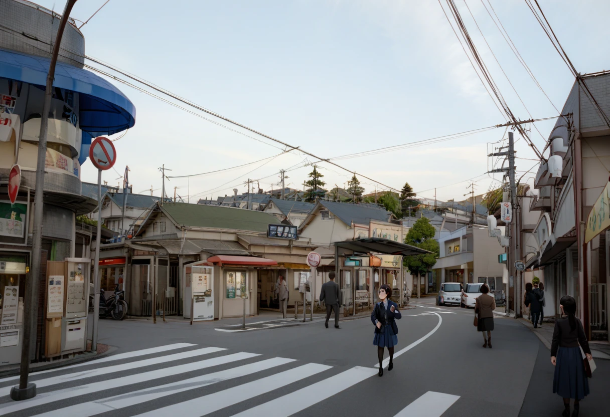 masterpiece, best quality, very aesthetic, absurdres,
koyoenst, storefront, exterior, outdoors, real world location, winter uniform, multiple boys, street, car, power lines, road, building, multiple girls, sign, sky, vanishing point, day, blue skirt, city, cloud, skirt, utility pole, short hair, scenery
 <lora:kouyouen_st_SDXL_V1:1>