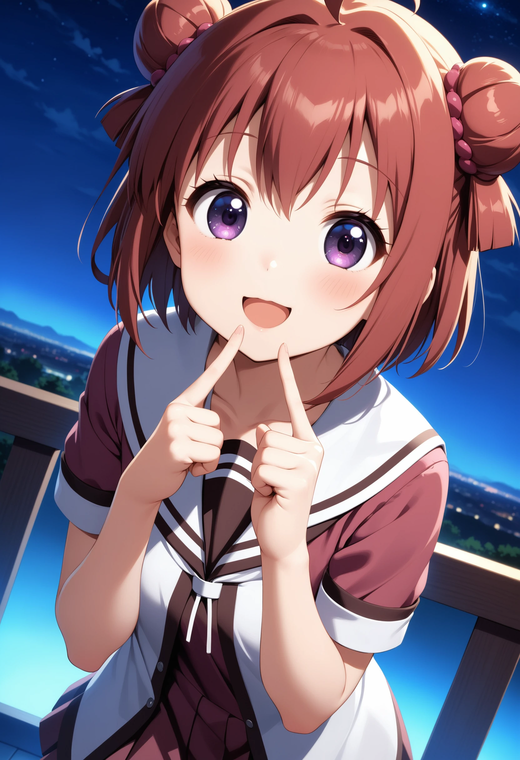 masterpiece, best quality, very aesthetic, absurdres,
1girl, akaza akari, yuru yuri, short hair, red hair, purple eyes, ahoge, hair bun, nanamori school uniform, smile, open mouth, pointing, pointing at self, fingers to cheeks, dutch angle, night, star \(sky\),