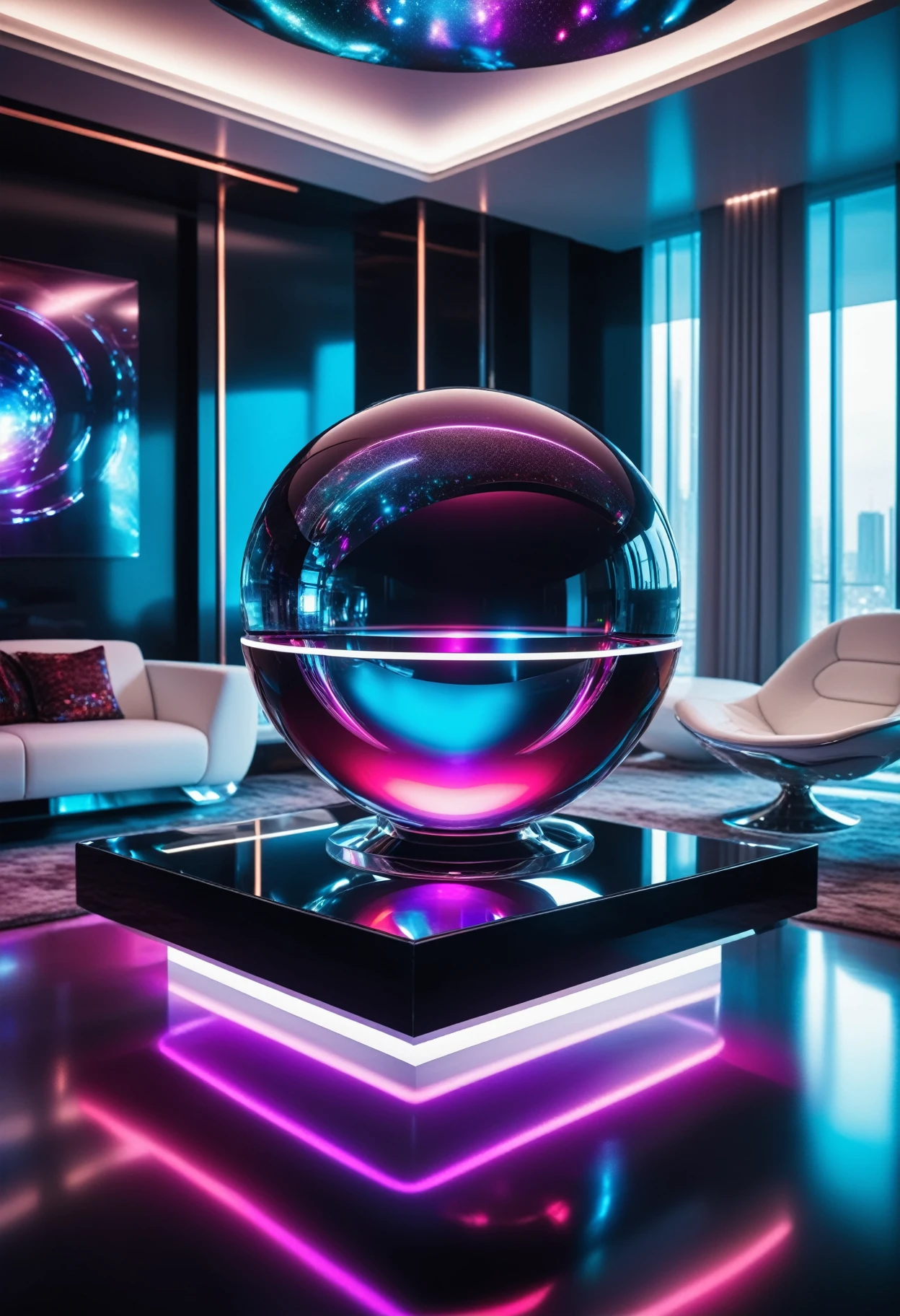 Crystal Orb standing on a table in a futuristic living room, beautiful detailed, rich deep colors, beautiful, highly detailed, , Jed-FutInt,  <lora:FuturisticInteriorStyle:0.7>