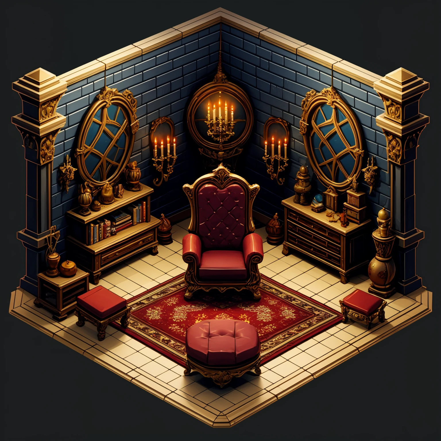 HEZI, game scene, Indoor scene, 45 degree scene, Cute style, treasure chest, candle, no humans, rug, carpet, chair, scenery, candlestand, stairs, throne, cabinet, book, black background, indoors, window, potion, drawer, door, couch, mirror, bottle, table, tile floor, rock, faux figurine, cushion, fireplace, gold, wooden floor, skull, box, vase, still life, bookshelf, pillow, stone,