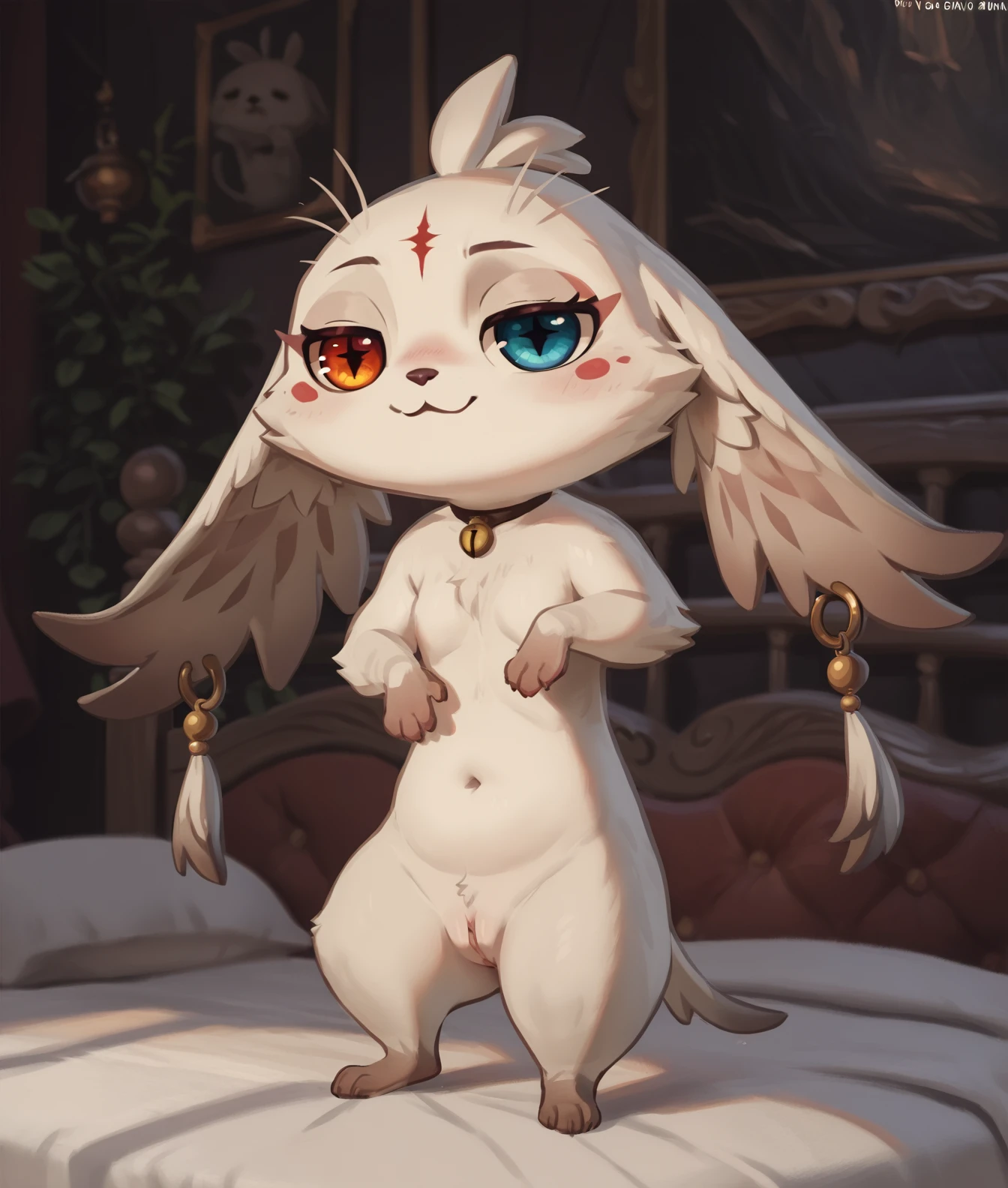 score_9, score_8_up, score_7_up, (source_furry), (rating_explicit), detailed fur, detailed eyes, solo, nude, feral, female, abby \(wuthering waves\), white body, floppy ears, heterochromia, tuft, chibi, cute, featureless chest, short stack, pinup, short limbs, round body, smug, bedroom eyes, on bed, <lora:Bonifasco_PonyXL_v1:0.5> <lora:AbbyWuWaXL:0.8>