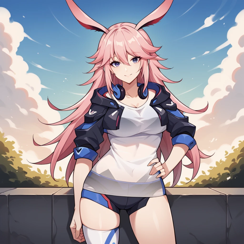 score_9_up, score_8_up, score_7_up, score_6up, source_anime, 1girl, solo, Yae_Sakura, Yae_Def, masterpiece, best quality, shadow, clouds, sun light, standing, hand on hip, smile, looking at you, long hair, pink hair, yae sakura, white shirt, hair between eyes, see-through shirt, black shorts, jacket, fox ears, headphones around neck, single glove, white thighhighs, single thighhigh, dynamic cowboy shot, mature body, outdoors, sky clouds sun background,