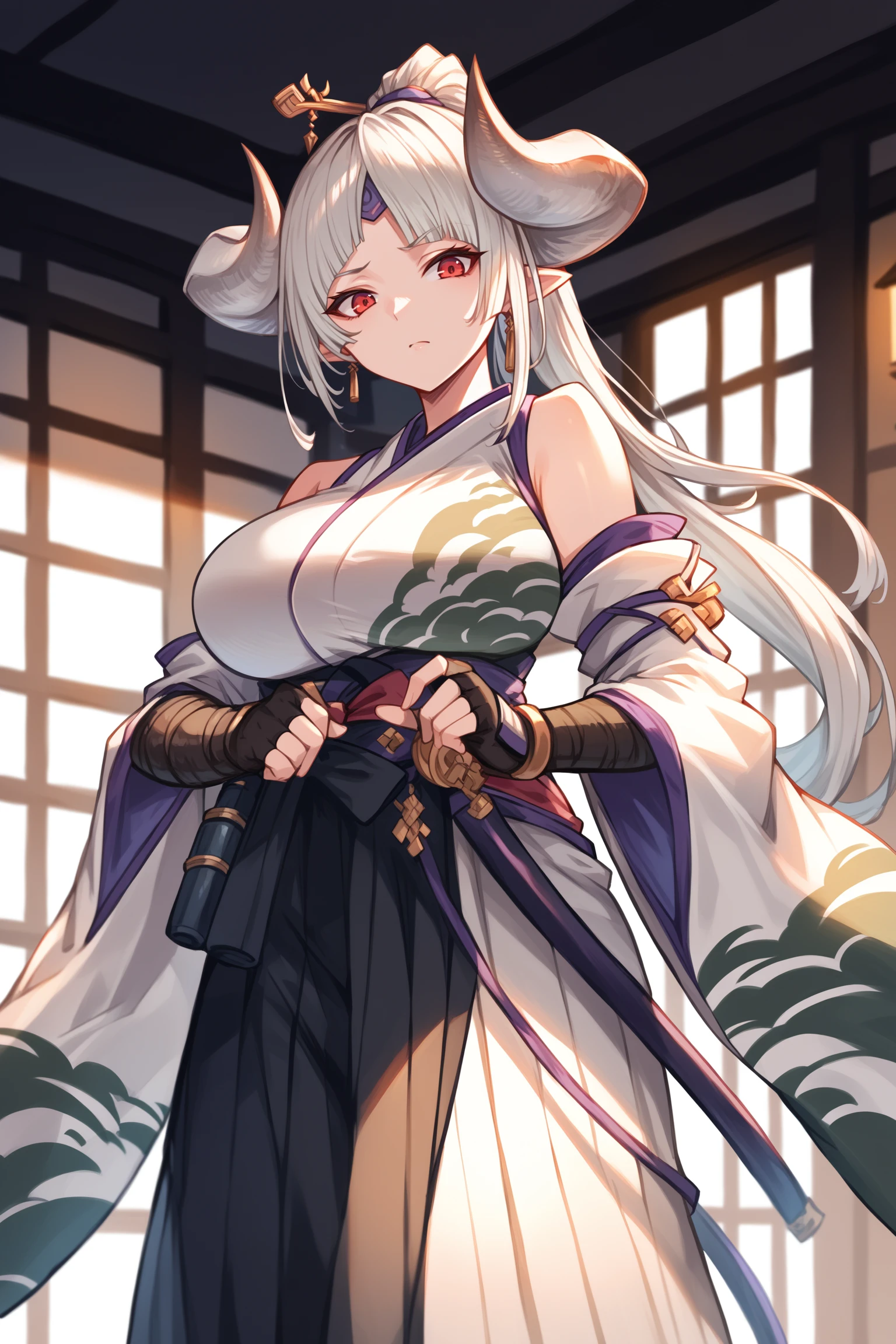 score_9, score_8_up, score_7_up, rating_sensitive,1girl ,azsd, high ponytail, long hair, curled horns, hairpin, forehead ornament, pointy ears, earrings, white kimono, detached sleeves, wide sleeves, shoulder armors, bandaged arm, glove, fingerless glove, multiple belts, layered hakama, long skirt, tabi, sandals, source_anime, <lora:AzusaPDCAMEq2v1 GBF:1>, cowboy shot, abstract, spotlight, alluring, indoors